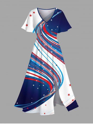 Plus Size Patriotic American Flag Colorblock Print Split Midi Dress - BLUE - 5X