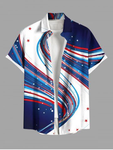 Plus Size Patriotic American Flag Colorblock Print Buttons Pocket Shirt For Men - BLUE - S