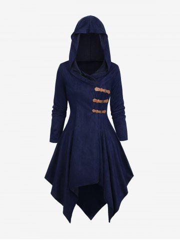 Plus Size PU Buckle Long Sleeves Hooded Handkerchief Coat