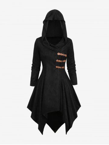 Plus Size PU Buckle Long Sleeves Hooded Handkerchief Coat - BLACK - 1X | US 14-16