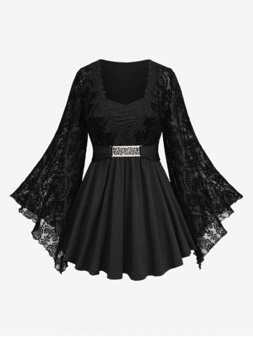 Plus Size Lace Applique Ruched Buckle Floral Mesh Flare Sleeves T-shirt - MULTI - 4X | US 26-28