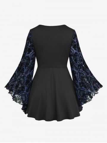 Plus Size Lace Applique Ruched Buckle Floral Mesh Flare Sleeves T-shirt