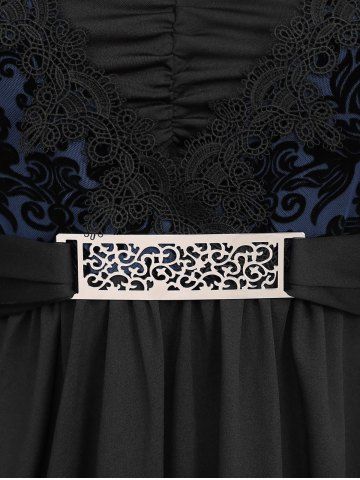 Plus Size Lace Applique Ruched Buckle Floral Mesh Flare Sleeves T-shirt