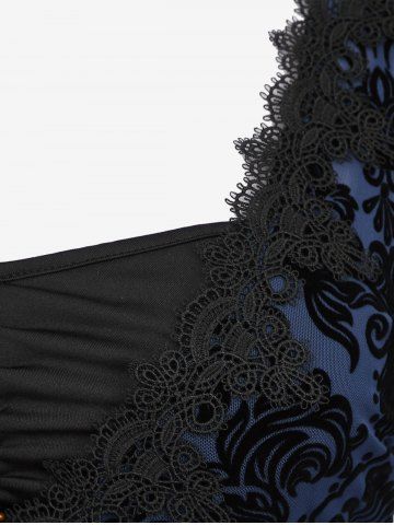 Plus Size Lace Applique Ruched Buckle Floral Mesh Flare Sleeves T-shirt