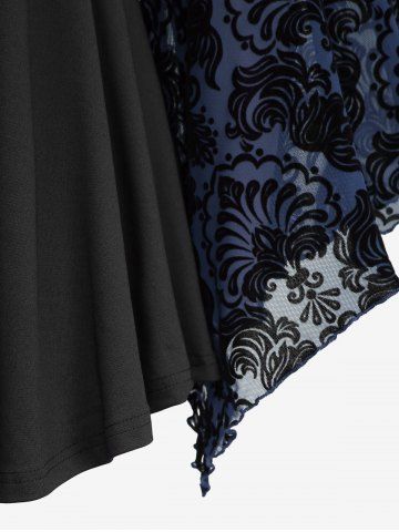 Plus Size Lace Applique Ruched Buckle Floral Mesh Flare Sleeves T-shirt