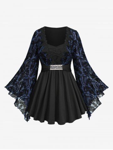 Plus Size Lace Applique Ruched Buckle Floral Mesh Flare Sleeves T-shirt - DEEP BLUE - 5X | US 30-32