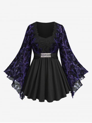 Plus Size Lace Applique Ruched Buckle Floral Mesh Flare Sleeves T-shirt - PURPLE - L | US 12