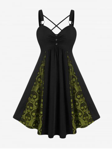 Plus Size Skull Fishnet Panel Ruched Crisscross O-Ring Buckle Dress - LIGHT GREEN - L | US 12