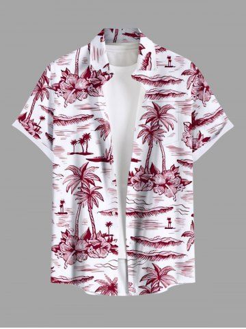 Plus Size Coconut Tree Hibiscus Flower Sea Print Hawaii Button Pocket Shirt For Men - RED - S