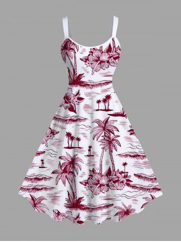 Plus Size Coconut Tree Hibiscus Flower Sea Print Hawaii A Line Tank Dress - RED - M
