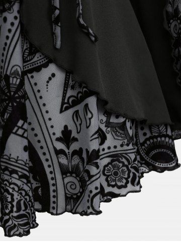 Gothic Plus Size Floral Figure Print Lace Up Ruched Ruffles Bell Sleeves Tops