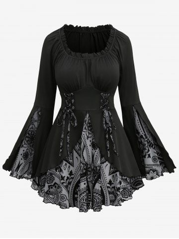 Gothic Plus Size Floral Figure Print Lace Up Ruched Ruffles Bell Sleeves Tops - GRAY - 5X | US 30-32