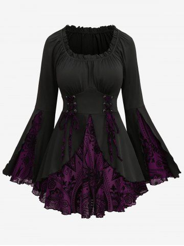 Gothic Plus Size Floral Figure Print Lace Up Ruched Ruffles Bell Sleeves Tops - VIOLA PURPLE - 1X | US 14-16