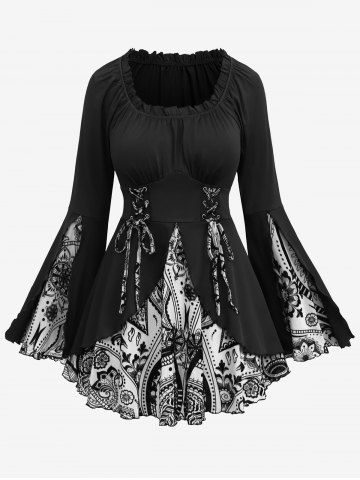 Gothic Plus Size Floral Figure Print Lace Up Ruched Ruffles Bell Sleeves Tops - WHITE - 5X | US 30-32