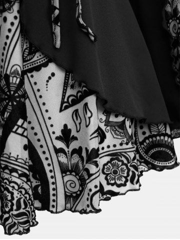 Gothic Plus Size Floral Figure Print Lace Up Ruched Ruffles Bell Sleeves Tops