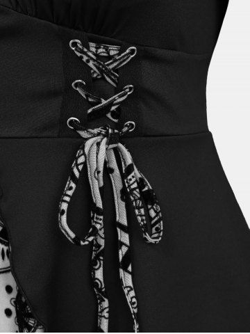 Gothic Plus Size Floral Figure Print Lace Up Ruched Ruffles Bell Sleeves Tops