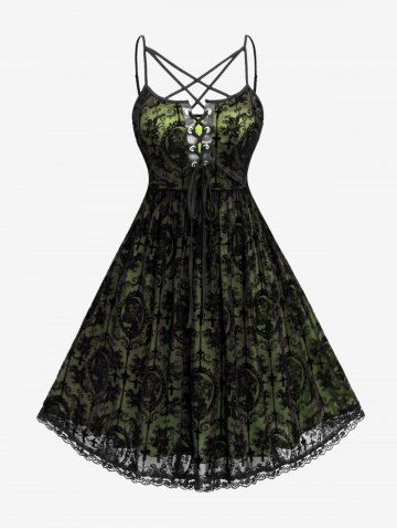 Robe vintage gothique à lacets et œillets, grande taille, imprimée, en maille croisée, pour Halloween. - LIGHT GREEN - 5X | US 30-32