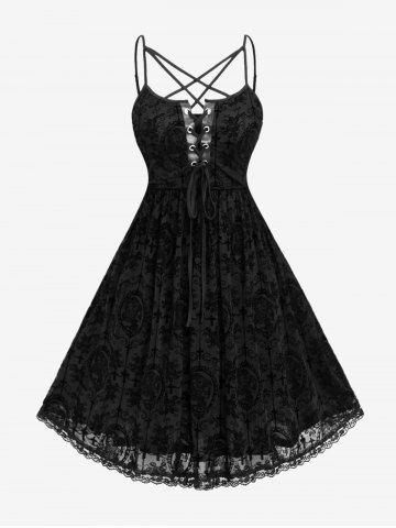 Halloween Costume Gothic Plus Size Lace Up Grommets Cross Girl Print Mesh Crisscross Vintage Dress - MULTI - 1X | US 14-16