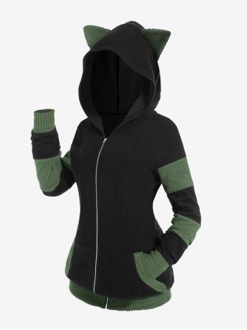 Plus Size Cat Ear Ribbed Colorblock Hooded Jacket - GREEN - 4X | US 26-28