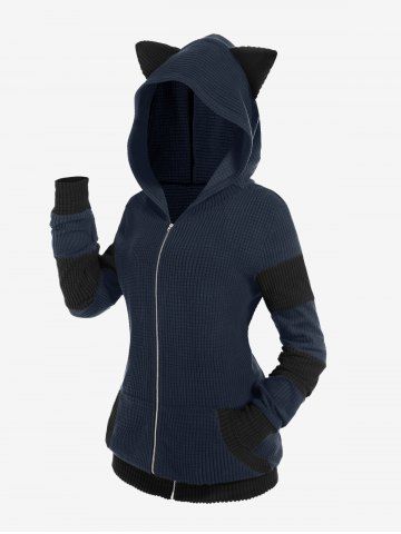 Veste à capuche côtelée à oreilles de chat grande taille - BLUE - 1X | US 14-16
