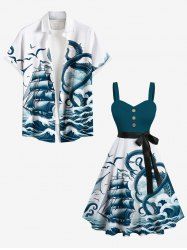 Octopus Sailboat Sea Waves Bird Print Plus Size Matching Hawaii Cruise Beach Outfit For Couples -  