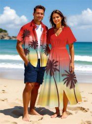 Tenue de plage hawaïenne assortie grande taille à imprimé cocotiers ombré pour couples - Rouge 