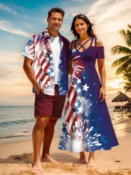 Patriotic American Flag Fireworks Print Plus Size Matching Hawaii Beach Outfit For Couples -  