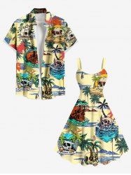 Coconut Tree Skulls Sea Waves Print Plus Size Matching Hawaii Beach Outfit For Couples -  