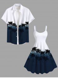 Tenue de plage hawaïenne assortie grande taille à imprimé cocotier ombré colorblock pour couples - Bleu de Minuit 