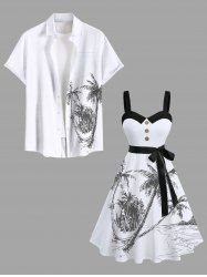 Tenue de plage hawaïenne assortie grande taille à imprimé paysage marin de cocotiers pour couples - Blanc 