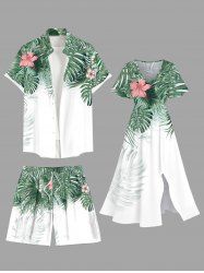 Tenue de plage hawaïenne assortie grande taille à imprimé feuilles de palmier tropicales et fleurs d'hibiscus pour couples - Vert 