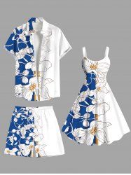 Tenue de plage hawaïenne assortie grande taille à imprimé feuilles tropicales et fleurs colorblock pour couples - Bleu 