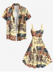 Patriotic American Flag Horse Warrior Print Plus Size Matching Outfit For Couples -  