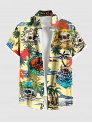 Plus Size Coconut Tree Skulls Sea Waves Print Buttons Pocket Hawaii Shirt For Men -  