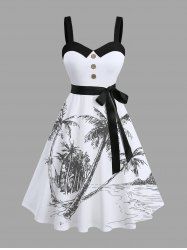Plus Size Coconut Tree Seascape Print Buttons Turn Down Collar Hawaii Dress With Belt -  