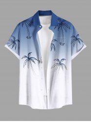 Plus Size Coconut Tree Ombre Colorblock Print Buttons Pocket Hawaii Shirt For Men -  