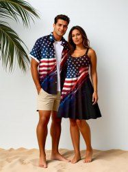 Patriotic American Flag Galaxy Print Plus Size Matching Outfit For Couples -  