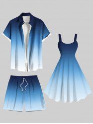 Tenue de plage hawaïenne assortie grande taille à imprimé colorblock ombré pour couples - Bleu 