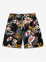 Short de plage hawaïen grande taille à imprimé floral et feuilles tropicales avec cordon de serrage pour homme - Noir 4XL