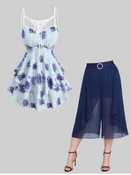Rose Flower Tie Dye Print Lace Up Cut Out Ruffles Top and Chiffon Textured Layered Solid Culottes Pants Plus Size Outfit -  