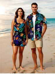 Matching Hawaii Shirt and Romper Plus Size Beach Outfit Flower Flamingo Tropical Leaf Print For Couples -  