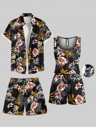Ensemble chemise hawaïenne, short et barboteuse assortis, grande taille, tenue de plage à imprimé feuilles tropicales et fleurs pour couples - Noir 
