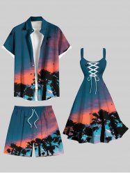 Coconut Tree Ombre Dusk Print Plus Size Matching Hawaii Beach Outfit For Couples -  