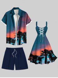 Coconut Tree Ombre Dusk Print Plus Size Matching Hawaii Beach Outfit For Couples -  