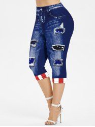 Plus Size 3D Ripped Denim Patriotic American Flag Print Capri Leggings -  