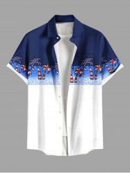 Chemise grande taille à imprimé patriotique, drapeau américain, cocotier, contraste colorblock, hawaïen, boutonnée et poche pour homme - Bleu 3XL