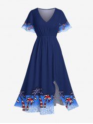 Robe mi-longue trapèze grande taille à imprimé contrasté de cocotiers et drapeau américain patriotique, style hawaïen, poches fendues - Bleu profond XS