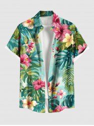 Plus Size Tropical Leaf Hibiscus Flowers Print Buttons Pocket Hawaii Shirt For Men -  
