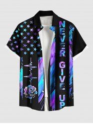 Chemise grande taille à rayures ombrées, lettres, roses, drapeau américain patriotique, imprimé, bouton et poche, pour homme - Noir S