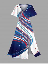 Plus Size Patriotic American Flag Colorblock Print Split Midi Dress -  